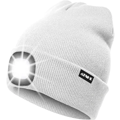 Immagine di ATNKE LED Cappello Illuminato Berretto,USB Ricaricabile da Corsa 4 Impermeabile Luce Invernale Calda Lampada Frontale Regali per Uomo e Donna/White