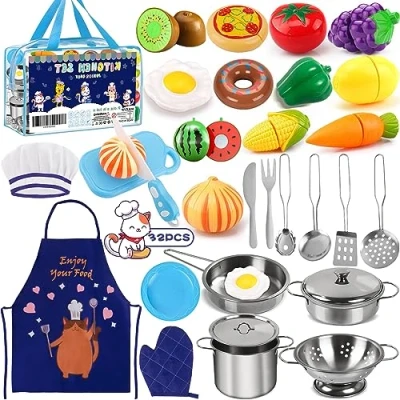 Immagine di MULEVIP Giochi Cucina Bambini 32 Pezzi Set Accessori Bambini,Giocattolo per Bambini,Set di Pentole e Padelle in Acciaio Inossidabile,Utensili da Cucina,Grembiule
