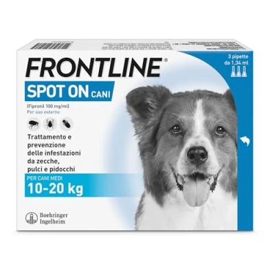 Immagine di FRONTLINE Spot On, 3 Pipette, Cane Taglia M, 10 20 Kg, Antiparassitario per Cani e Cuccioli di Lunga Durata, Protegge da Zecche, Pulci Pidocchi, Antipulci in Confezione Pipette