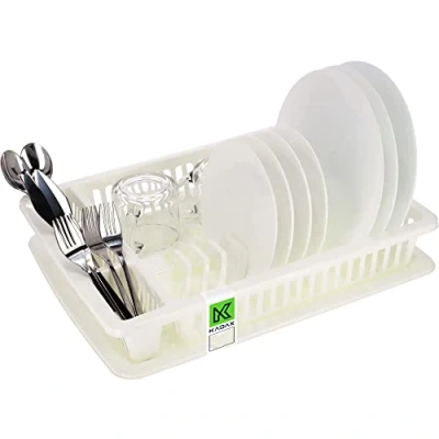 Immagine di KADAX Scolapiatti da Appoggio con Portaposate e Vaschetta Raccogligocce in Plastica, Cucina per Piatti Bicchieri (Crema, 46.5 x 37 cm)