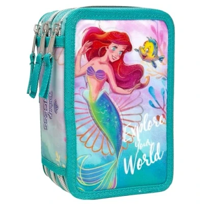 Immagine di Clondo Astuccio 3D 3 Scomparti Bambina, Per Sirenetta Ariel Fan, Triplo Riempito, 44 Accessori Scuola Elementare, Zip, 20cm, Principesse, Pastelli, Pennarelli