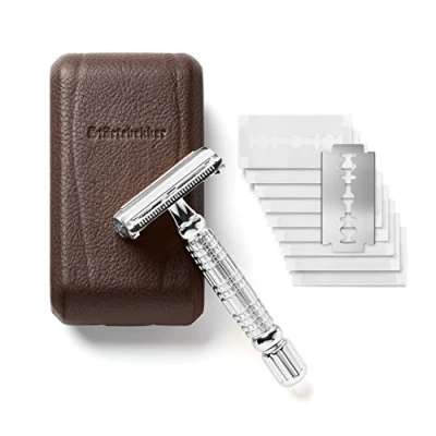 Immagine di Störtebekker® rasoio di Sicurezza in astuccio pelle fatto a mano [con 10 lamette Störtebekker] Set rasatura effetto vintage umido prima qualità barba uomo (Argento Café)