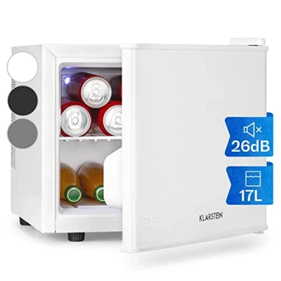 Immagine di Klarstein Geheimversteck Minibar, Mini Frigo, Frigorifero per Snack e Bevande, solo 26 dB, Ripiano Estraibile, Regolazione della Temperatura senza Intervalli Predefiniti, 17 L, Bianco