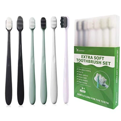 Immagine di EasyHonor spazzolino da denti extra morbido per gengive sensibili, manuale Micro Nano con 20.000 setole morbide di filo interdentale, 6 confezioni (grigio + bianche)