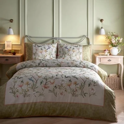 Immagine di Appletree Copripiumino verde salvia floreale e colibrì letto super king size (260 x 220 cm) 200 fili 100% rasatello di cotone 2 federe Biancheria da con uccelli