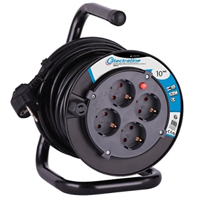 Immagine di Electraline 100238, Avvolgicavo H05VV F 3G1,5 10 m cavo IP20 per interni/cavo con 4 prese Schuko/scatola cavi di prolunga/avvolgitore manovella