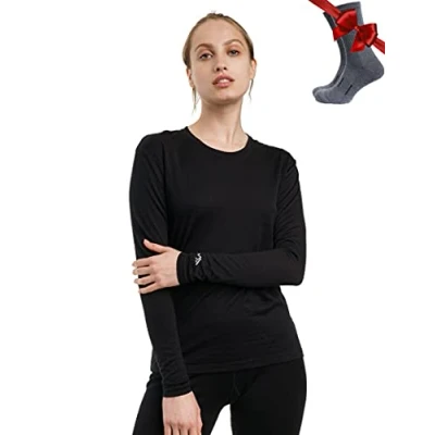 Immagine di Maglia Termica Donna di Lana Merinos Merino Maglietta Maniche Lunghe Leggero Magliette Intimo Base Layer + Le Calze in (X Large, 165 Black)