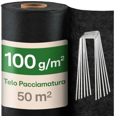 Immagine di Praknu Telo Pacciamatura 100g/m² Anti Erbacce 50m² su Rotolo con 24 Picchetti Permeabile &amp; Resistente agli Strappi Resistenza UV Non Tessuto Nero per Orto