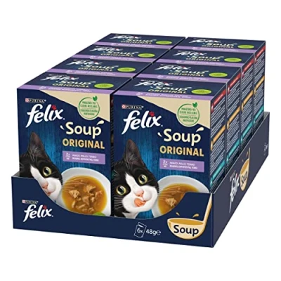 Immagine di Purina Felix Soup Original Cibo Umido per Gatti con Manzo, Pollo e Tonno, 8 Confezioni 48 Buste da 48g