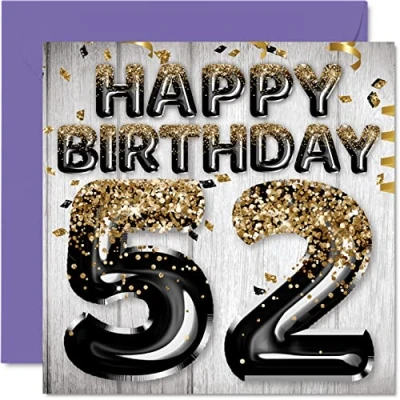 Immagine di biglietto di auguri per 52 compleanno da uomo, con palloncini glitterati neri e dorati, anni, 145x145 mm, regalo cinquantadue cinquantaduesimi bagni