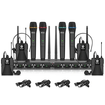 Immagine di D Debra Audio AU800 Pro UHF Microfono portatile wireless a 8 canali, con microfoni portatili senza fili, ricevitore in metallo, ideale per karaoke e feste chiesa (con 4 palmari marsupi)