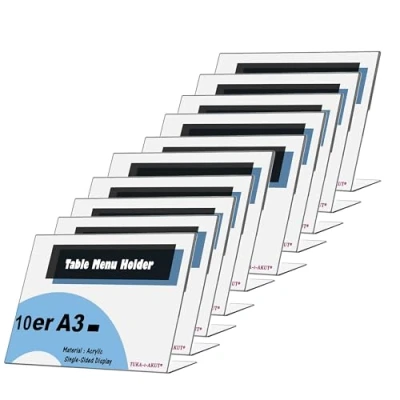 Immagine di TUKA 10x Porta avvisi da Tavolo Inclinati, A3 Orizzontale Espositori, Supporto Pubblicitario Banco, per Menù, Carta, Informazioni, Documenti e Altro. 3mm Acrilico Trasparente, TKD8201
