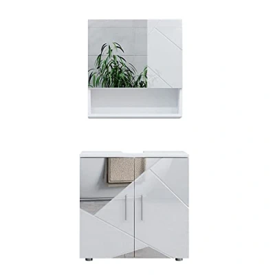 Immagine di Vicco set mobili bagno Irma, Bianco lucido con inserti, 2 parti, mobile base 60 cm