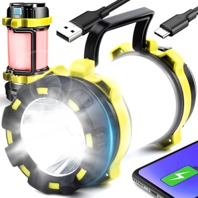 Immagine di Retoo Torcia a LED estremamente luminosa, ricaricabile, USB, luce di ricerca, lanterna per campeggio, attività all&#039;aperto, escursioni, con batteria da 3700 mAh e manico