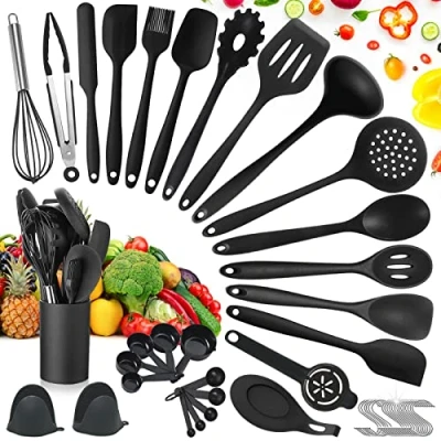 Immagine di TAVADA Set di Utensili da Cucina in Silicone Accessori 49PCS , con 20 Ami, Resistenti al Calore Antiaderenti Spatola Cucina, Nero