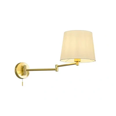 Immagine di Lampada da parete girevole in ottone con interruttore e paralume tessuto bianco, altezza 32 cm