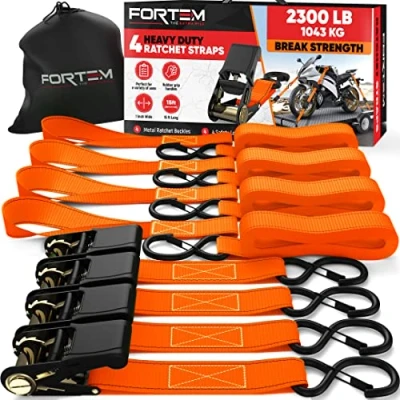 Immagine di FORTEM Cinghie a Cricchetto, Resistenza fino 1043 Kg, Set da 4 di Fissaggio 4,57 m, Maniglie Morbide, per Moto, Ganci in Metallo Rivestiti, Custodia Inclusa (Arancia)