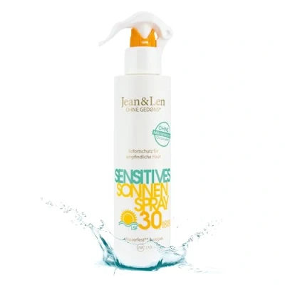 Immagine di Jean &amp; Len Sensitiv Sunspray 30 SPF waterproof, per pelli sensibili e allergiche al sole, senza siliconi, nanoparticelle, octocrilene, microplastiche, oli minerali, vegan, flacone spray 250 ml