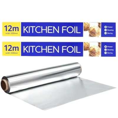 Immagine di QBL® Rotolo di alluminio da cucina (300 mm x 12 m, 2 confezioni) Foglio antiaderente per avvolgere, grigliare e barbecue Lamina d&#039;argento