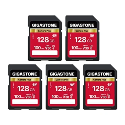 Immagine di GIGASTONE Scheda di Memoria SDXC 128 GB, Set da 5, Camera Plus, Velocità 100 MB/s per Fotocamera Canon Nikon Sony Panasonic Kodak Olympus, V30 U3 UHS I Classe 10 4K UHD Video, con 5 mini custodie