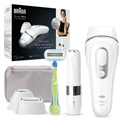 Immagine di Braun Silk expert Pro 3 Epilatore LUCE PULSATA, Alternativa al laser, Ideale per Zone Sensibili, Viso, Bikini e Ascelle, MicroHair Remover, 2 Testine, 1 Rasoio, Idea Regalo, PL3139 Bianco/Argento