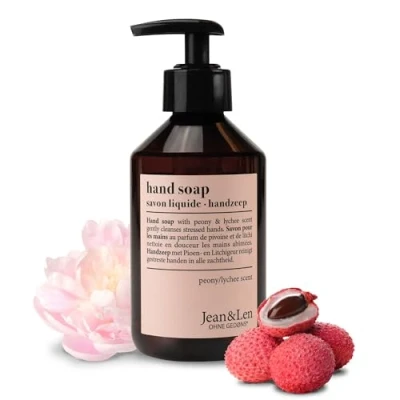 Immagine di Jean &amp; Len sapone per le mani Peonia e Litchi, liquido in dispenser a pompa morbide, fragranza fiorita delicata, senza parabeni, siliconi microplastiche, vegan, 250 ml