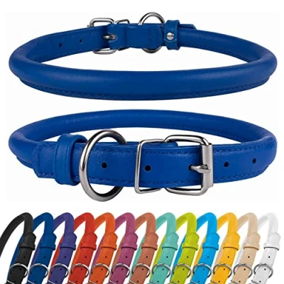 Immagine di CollarDirect collare per cani arrotolato in pelle, morbido rotondo imbottito cuccioli, fatto a mano vera pelle piccoli collari (14 16 pollici, blu scuro testurizzato)