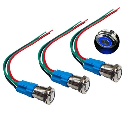 Immagine di QitinDasen 3Pcs Premium 12V / 24V 3A Interruttore a Pulsante Momentaneo, 12mm in Metallo con LED Blu, Avviamento Auto Acciaio Inossidabile impermeabile