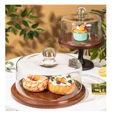 Immagine di Dxcaicc Alzata per Torte con Coperchio A Cupola, Piatto Torta in Legno di Acacia Coperchio, Espositore Cupola Vetro,29cm with Lid
