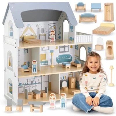 Immagine di Mamabrum Casa delle Bambole in Legno con Terrazza e Accessori, a 3 Livelli, 5 Camere, Mobili, Set di Giochi per Bambole, Altezza 70,4 cm, Colori Sobri