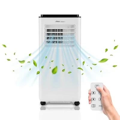 Immagine di Ufesa Condizionatore Portatile A7 3in1, Raffreddamento, Ventilazione e Deumidificazione, 7000 BTU/giorno, Silenzioso, Display LED, Timer 24h, Fino a 12m², Gas R290, Telecomando