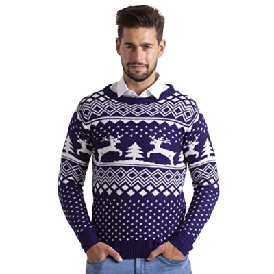 Immagine di BlauerHafen Maglione natalizio da uomo, a maniche lunghe, con scollo rotondo, fatto maglia, natalizio, blu navy, XL