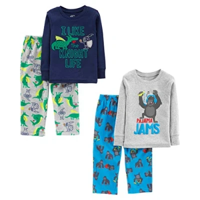 Immagine di Simple Joys by Carter&#039;s 4 Piece Pajama Set (Cotton Top &amp; Fleece Bottom) Pigiama, Blu Gorilla/Blu Marino Stampa Testo/Grigio Draghi, 2 Anni Bambino