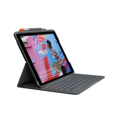 Immagine di Logitech Slim Folio per iPad (7ª, 8ª e 9ª generazione) Custodia con tastiera wireless integrata, Layout Francese ‎AZERTY Grafite