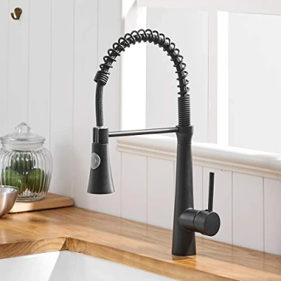 Immagine di TIMACO rubinetto da cucina con molla a spirale, e doccetta estraibile, orientabile 360, in nero, miscelatore monoleva spray pull down, ad alta pressione