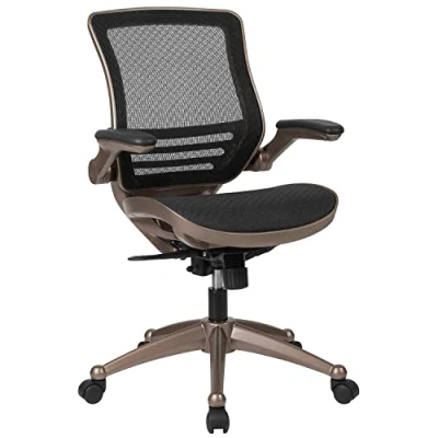 Immagine di Flash Furniture Exec Mesh Mid Back Sedia da Ufficio Girevole direzionale in Rete Nera Trasparente con Struttura Oro Melrose e braccioli ribaltabili, Metallo, Nero, 55.88 x 62.23 104.14 cm