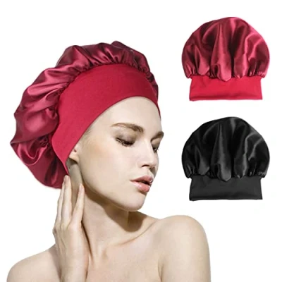 Immagine di XPOOP 2 Pezzi Bonnet, Cuffia Seta Capelli Ricci, Seta, in per Doccia, CapelliRicci Notte, Donne Ragazza Ricci Cura (Nero, Rosso)