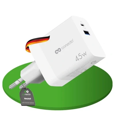 Immagine di conecto caricatore USB C, alimentatore USB, 2 porte, 1x C 45 watt max. PD, A 12 max., rapido GaN, per telefoni cellulari, bianco