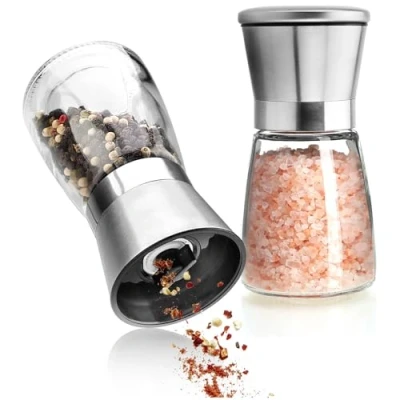 Immagine di COM FOUR® Set Macina Sale e Pepe da 2 pezzi in Vetro Acciaio Inossidabile con Macinino Ceramica Accessori Cucina Eleganti Spezie Moderno Raspa (02 coperchio)
