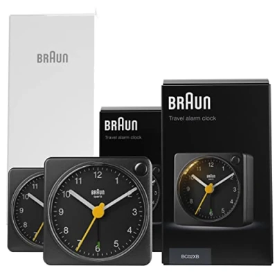 Immagine di Braun Orologio Sveglia Analogico Classico viaggio con Funzione Snooze e Luce, dimensioni ridotte, Movimento al Quarzo silenzioso, Suono Beep crescendo, nero, modello BC02XB (2 Pack).