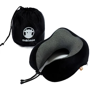 Immagine di cuscino da viaggio in memory foam, per il collo con supporto la testa a 360 gradi, comodo e leggero, ideale dormire aereo, auto, treno, autobus uso domestico, Nero