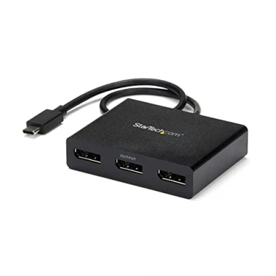 Immagine di StarTech.com Adattatore multi monitor USB C a 3 porte, hub da Tipo 3x DisplayPort 1.2 MST, triplo estensore/splitter per laptop DP 1080p 30Hz, cavo integrato 30cm, Solo Windows (MSTCDP123DP)