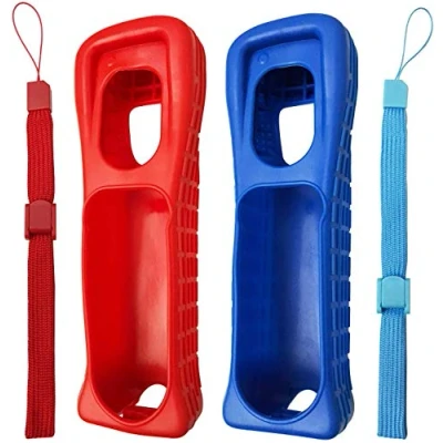 Immagine di 2 x Custodia in silicone con cinturino da polso per telecomando Wii (rosso + blu)