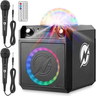 Immagine di N GEAR Block Party 602 scatola per feste e karaoke, batteria da 100 Watt, 6 ore, luce discoteca, Bluetooth, USB/SD MP3, 2 microfono, musicale impianto karaoke con