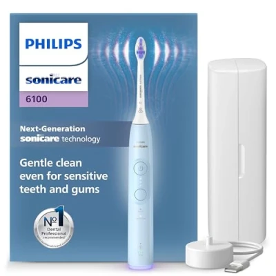 Immagine di Philips Sonicare 6100, spazzolino elettrico sonico con 2 modalità di spazzolamento e 3 livelli intensità, avviso pressione, EasyStart, SmarTimer BrushPacer, azzurro, modello HX7406/02