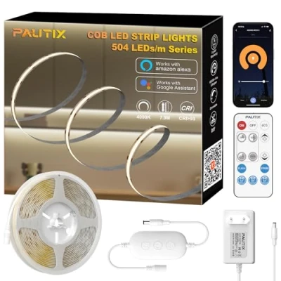 Immagine di PAUTIX Striscia LED COB Bianco Naturale 4000K 7.5m,504LED/M 24V Dimmerabile Flessibile con Telecomando RF/Smart App/Alexa e Alimentatore di rete,CRI90+ per la decorazione domestica fai da te