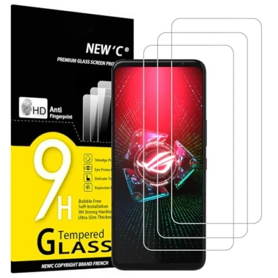 Immagine di NEW&#039;C 3 Pezzi, Vetro Temperato per Asus Rog phone 5/5 Pro/5s/5s Pro, Pellicola Prottetiva, Senza Bolle, Durezza 9H, 0,33mm Ultra Trasparente, Resistente.
