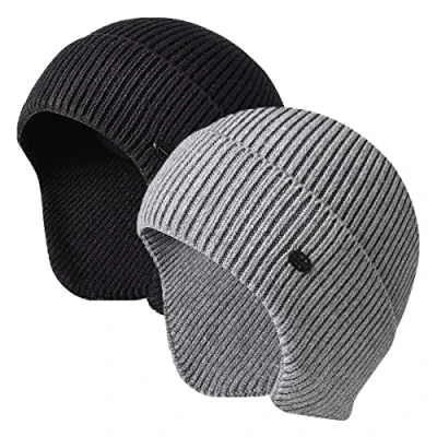 Immagine di Cappelli invernali da uomo in maglia elastica sci con paraorecchie antivento, Nero + grigio, Taglia unica
