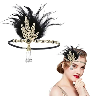 Immagine di MIVAIUN Accessori Anni 20 Fascia Capelli Piume Gatsby Flapper Headband, Gatsby, Charleston per Festa a Tema Vintage Matrimonio (1 Pcs)