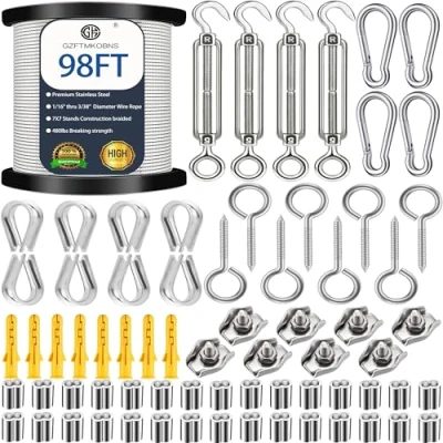 Immagine di 95Pcs Kit Fune Acciaio,Cavo Acciaio 2MM,304 Cavetto in inossidabile,Tiranti per Filo M5,Fune Cavo con Tenditore e Ganci o (30M)